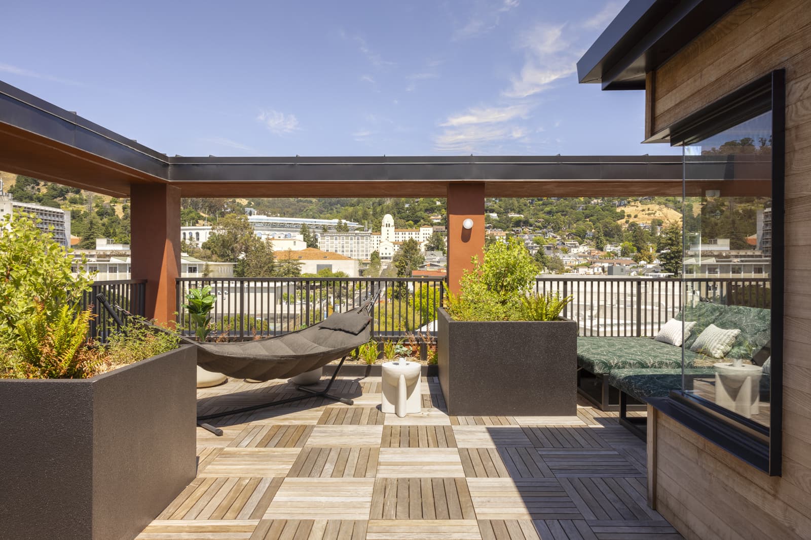Rooftop deck with hammock and campus views